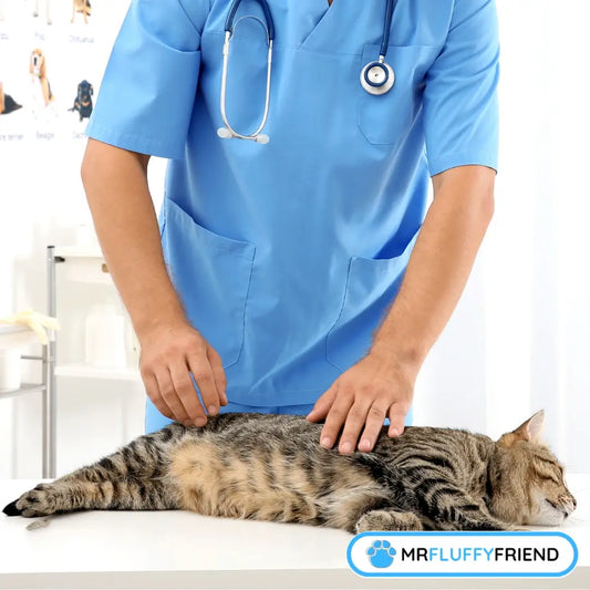 A veterinarian examining a tabby cat on a clinic table to look for signs of arthritis in cats
