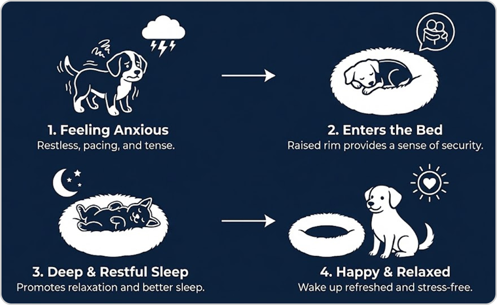 Dog anxiety to relaxation using calming pet bed infographic